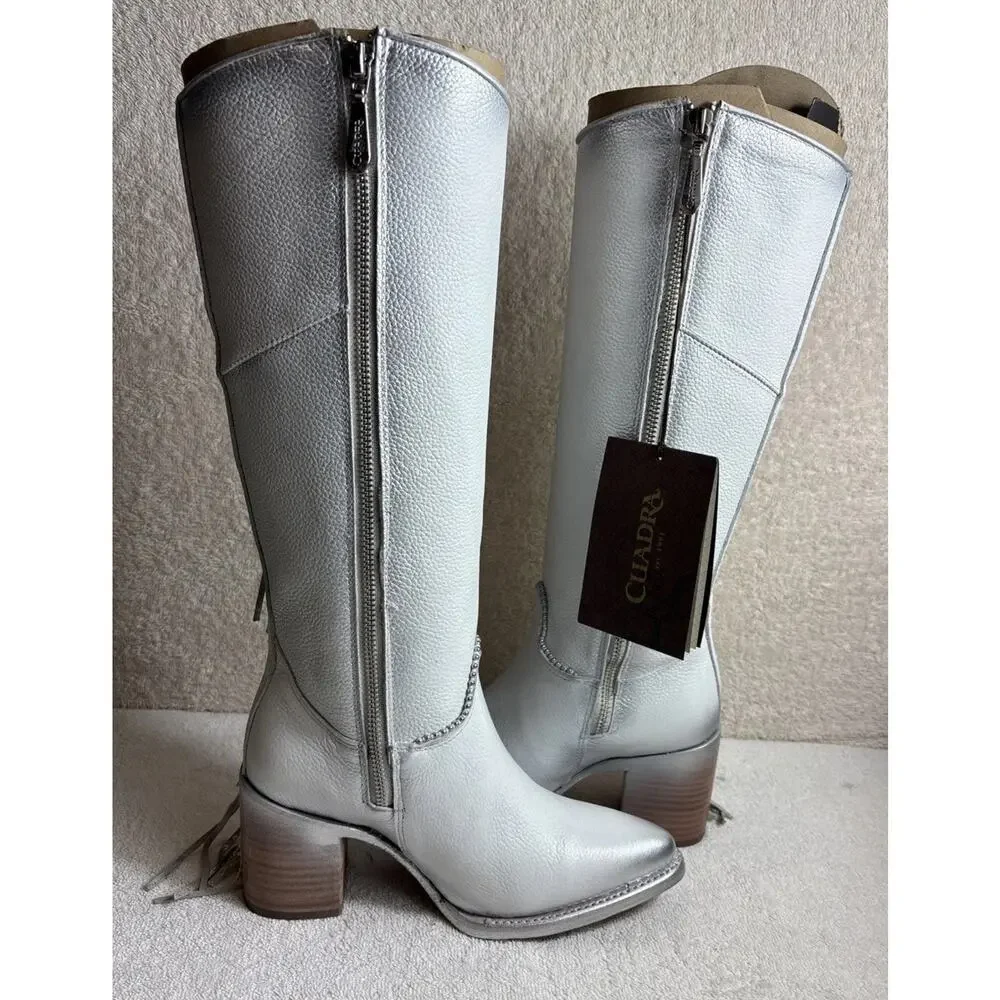 Cuadra Women's Tall Boot White Leather Side Zipper Size 6 M